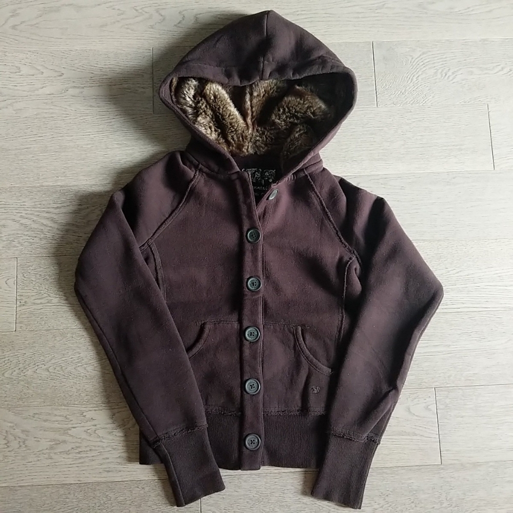 Jacob Connexion Brown Fur Button Up Sweatshirt Hoodie